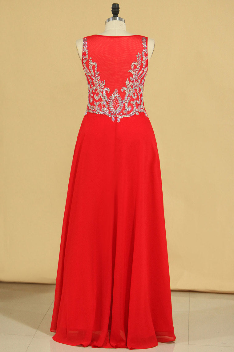 2024 Red Plus Size V Neck Beaded Bodice Chiffon & Tulle A Line Prom Dresses