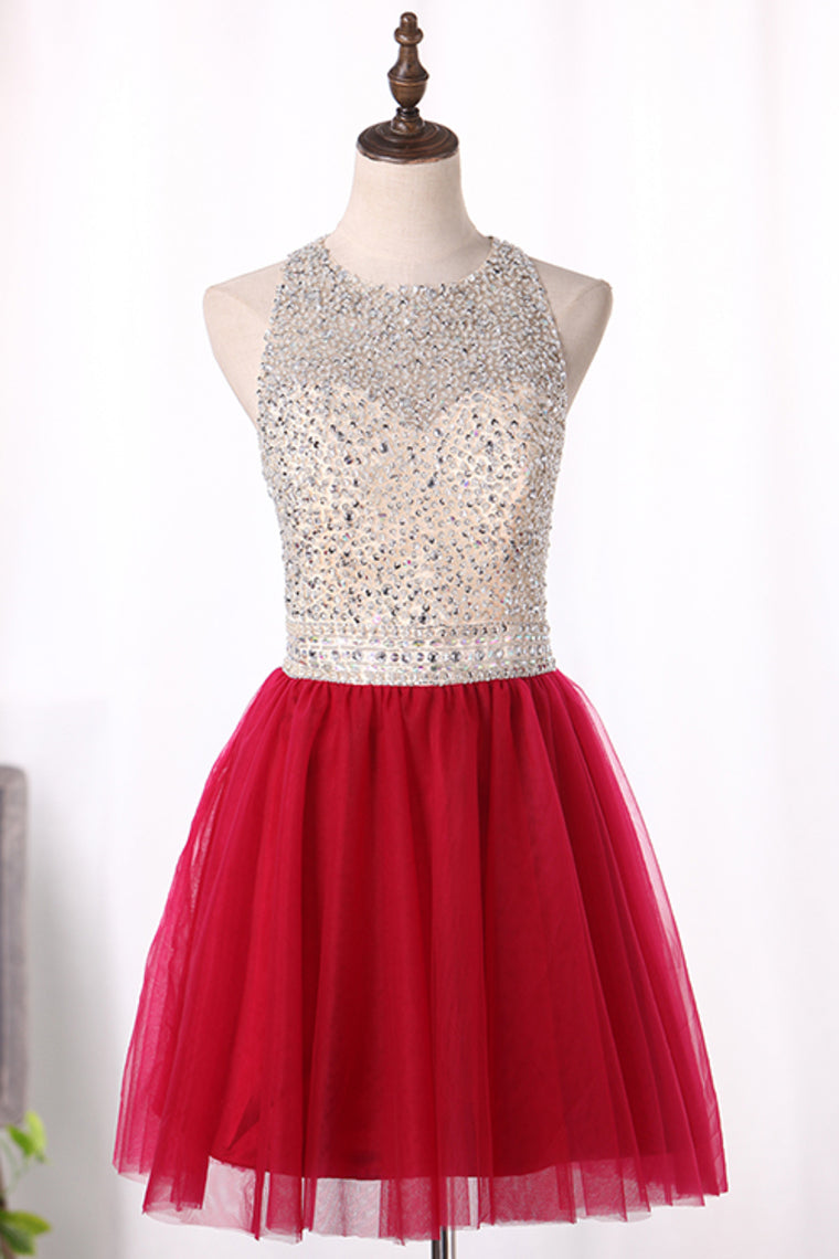 2024 Tulle Scoop Homecoming Dresses A Line Tulle With Beading Short/Mini