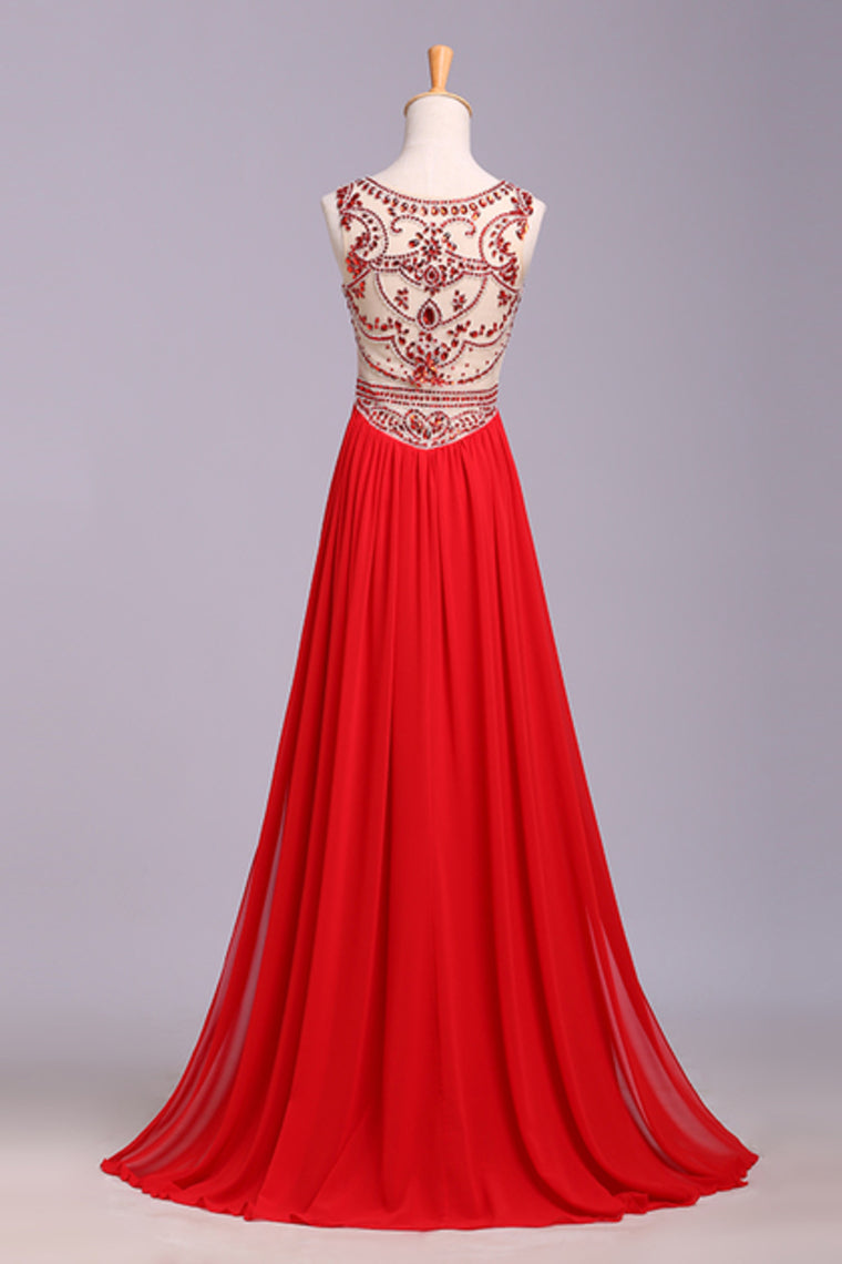 Stunning Prom Dresses Champagne Beaded Bodice And Back A-Line Scoop Sweep/Brush Chiffon