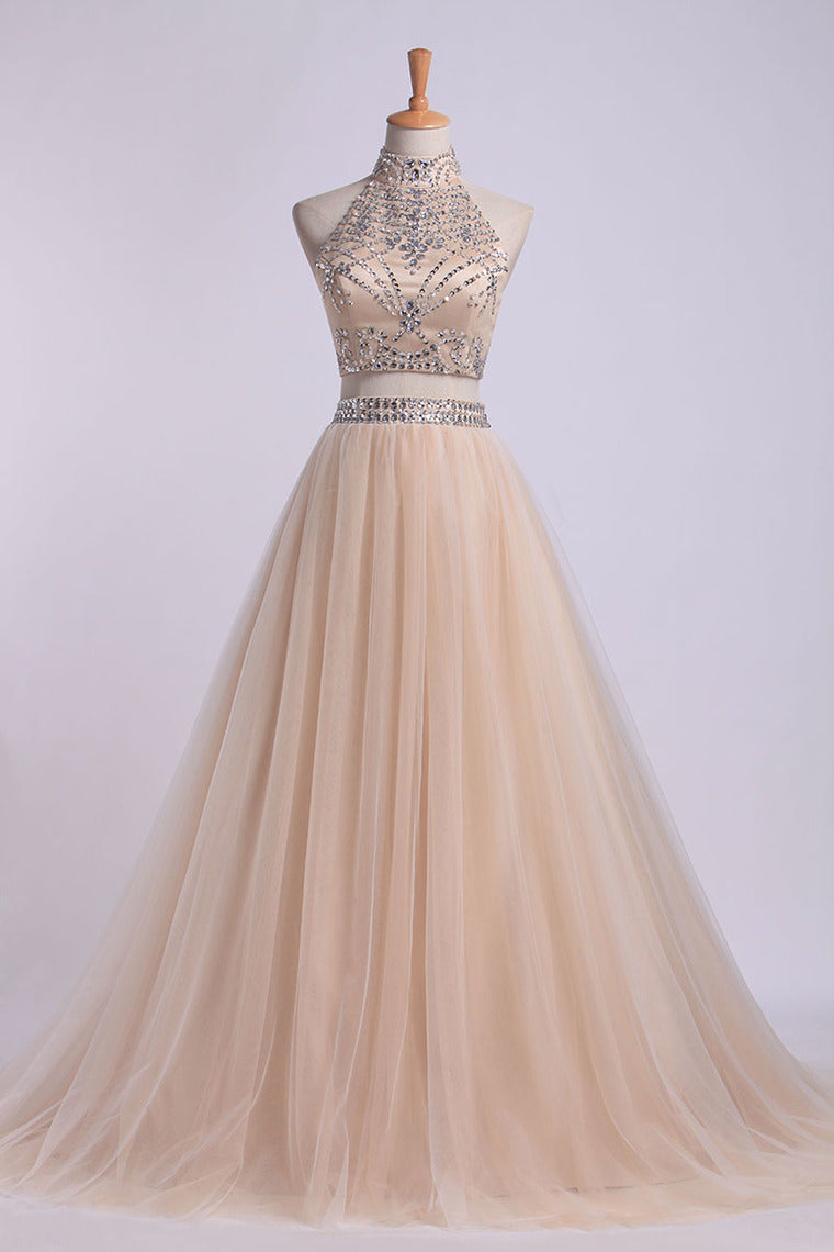 2024 Two-Piece High Neck Prom Dresses A Line Tulle With Beading