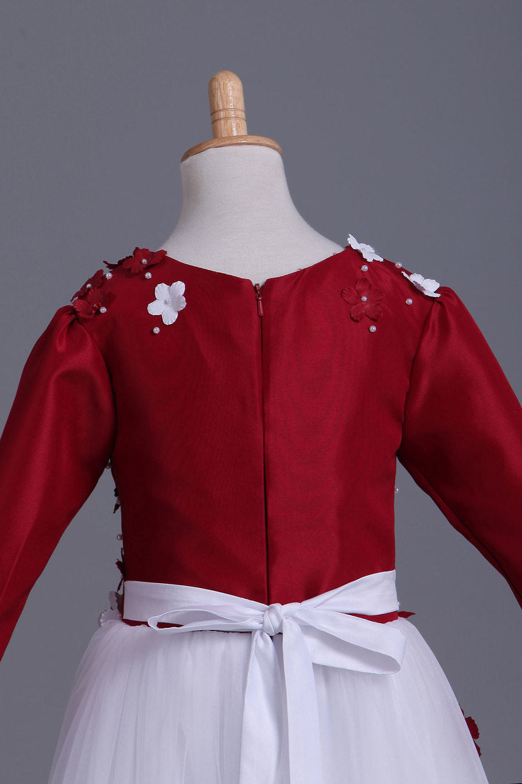 2022 Bicolor Flower Girl Dresses Short Sleeve Scoop A-Line Satin & Tulle