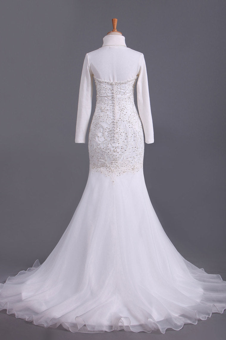 2022 Sweetheart Beaded Bodice Sheath/Column Wedding Dress With Organza Skirt