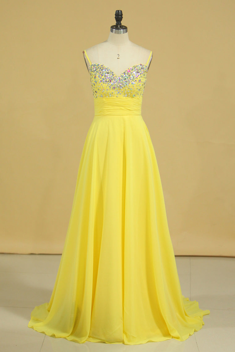 2024 Prom Dress Spaghetti Straps Rhinestone Beaded Bodice Runched Waistband With Flowing Chiffon Skirt