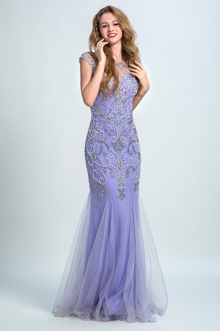 2022 Terrific Scoop Beaded And Fitted Bodice Mermaid Prom Dress Tulle
