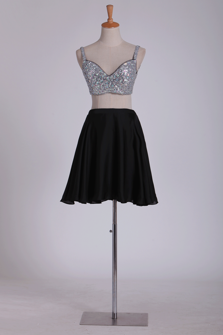 2022 Black Two-Piece Homecoming Dresses Beaded Bodice A-Line Chiffon