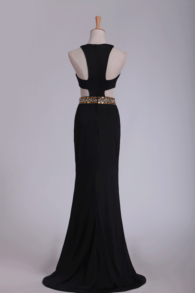 2022 Spandex Scoop Evening Dresses Sheath With Beading And Slit