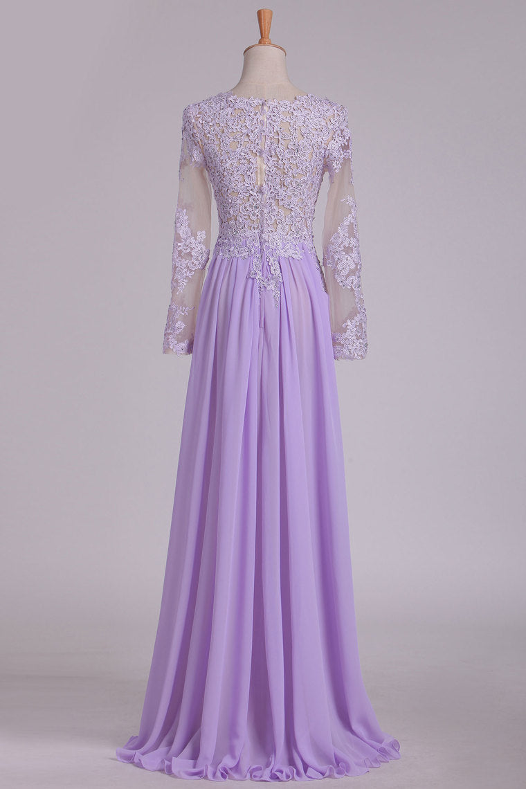 2022 Scoop Long Sleeves Prom Dresses With Applique And Beads A Line Chiffon