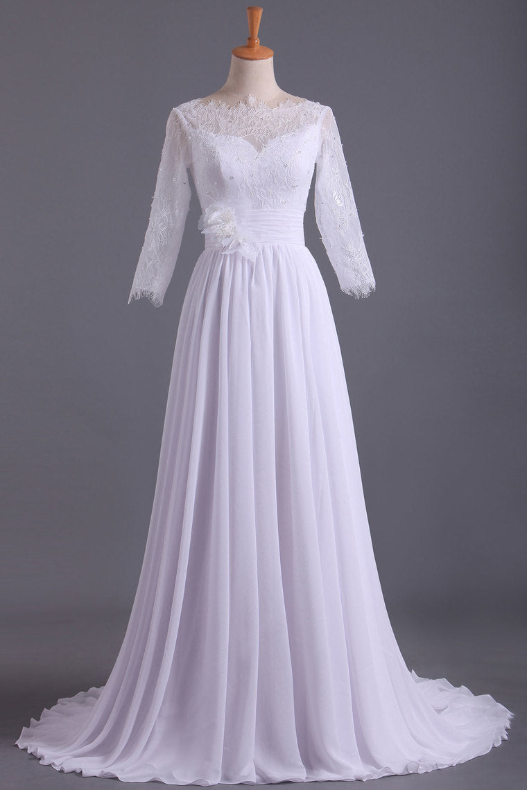 2022 Bateau 3/4 Length Sleeve A Line Wedding Dresses Chiffon With Applique & Handmade Flower