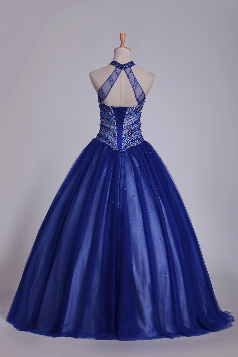 2022 Dark Royal Blue Halter Quinceanera Dresses Ball Gown Tulle With Beads & Rhinestones