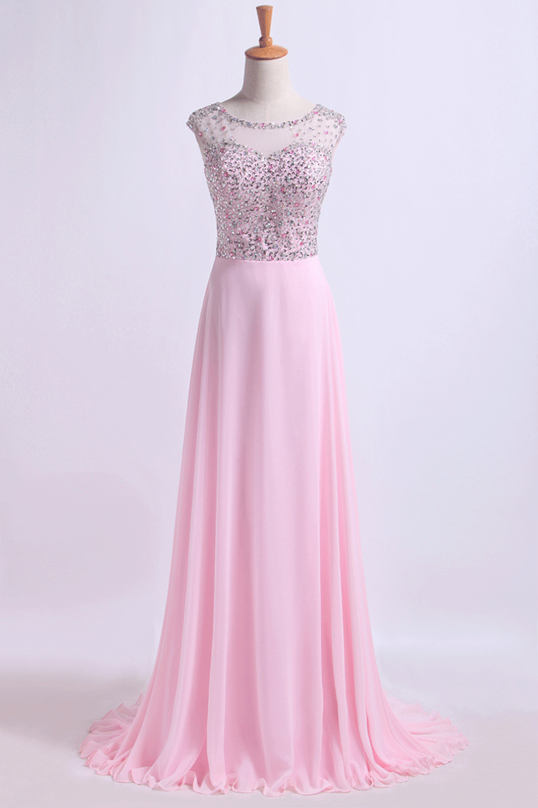 2024 Scoop Neckline Beaded Bodice A Line Open Back With Chiffon Skirt Sweep Train