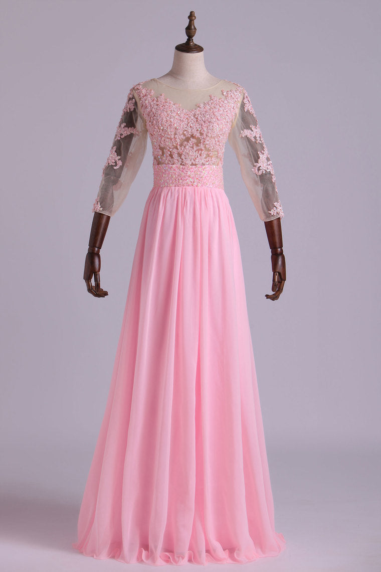 2022 Mid-Length Sleeve A-Line Scoop Chiffon Prom Dresses Floor-Length With Applique & Bow-Knot