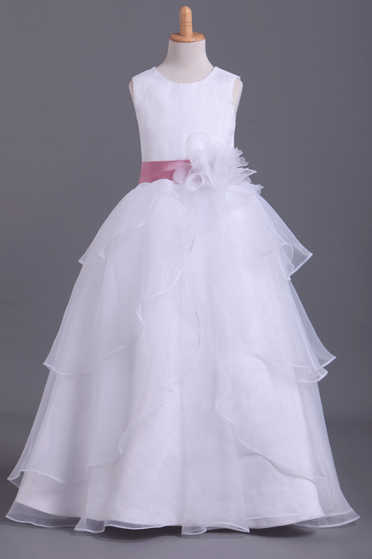 2022 White Flower Girl Dresses Ball Gown Scoop Floor Length Organza
