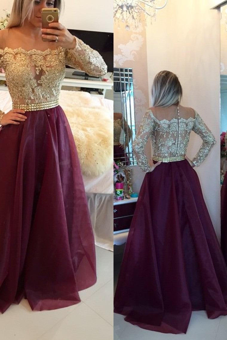2022 Prom Dresses Scoop A Line With Applique And Beads Floor Length Long Sleeves
