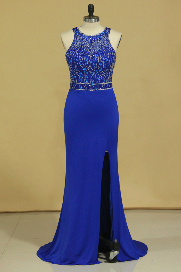 2022 Dark Royal Blue Open Back Prom Dresses Scoop Spandex With Beading And Slit Sweep Train