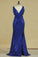 2022 Sexy Open Back V Neck Sequins With Slit Prom Dresses Sheath Dark Royal Blue