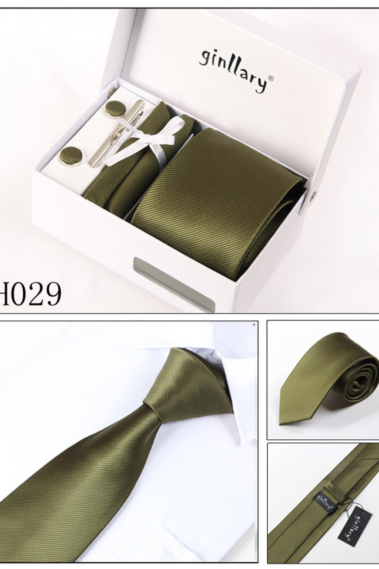 Green Tie Set Cuff Links 4 Pieces Many Colors #H029