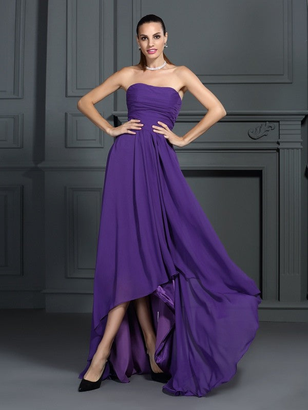 Kelsie A-Line/Princess Homecoming Dresses Strapless Pleats Sleeveless High Low Chiffon Cocktail Dresses