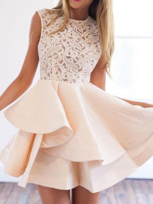 A-Line/Princess Homecoming Dresses Satin Cristal Scoop Applique Sleeveless Short/Mini Dresses