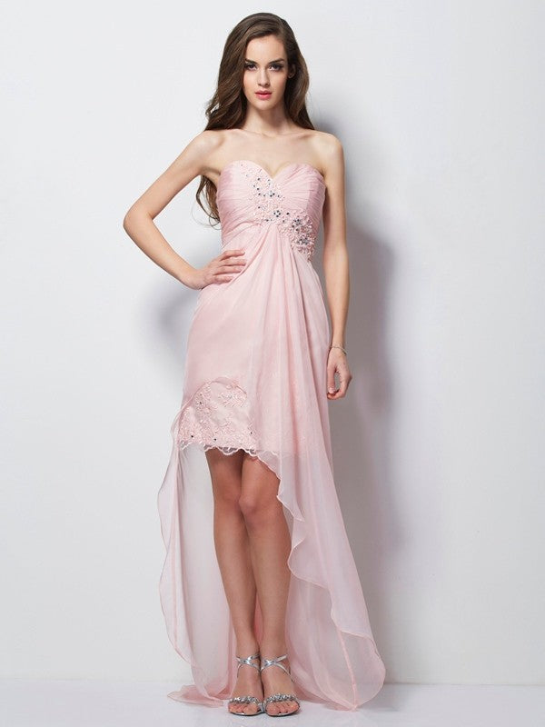 A-Line/Princess Sweetheart Aracely Sleeveless Beading Applique High Low Chiffon Dresses Homecoming Dresses