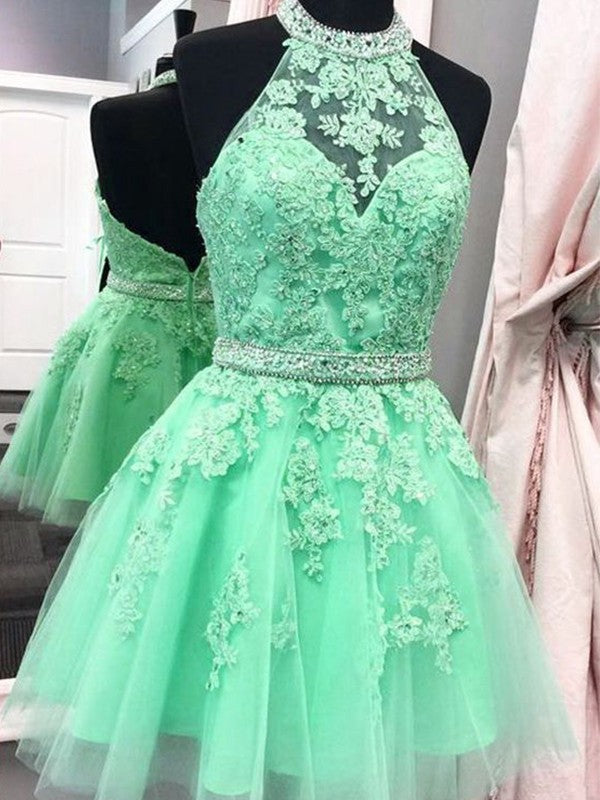 A-Line/Princess Sleeveless Homecoming Dresses Halter Brianna Tulle Applique Short/Mini Dresses