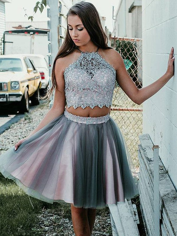 A-Line/Princess Applique Halter Tulle Sleeveless Short/Mini Homecoming Dresses Justice Two Piece Dresses