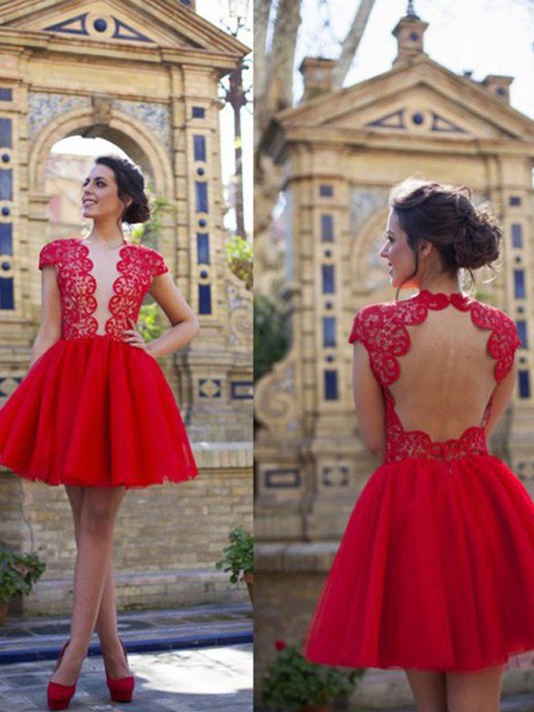 A-Line/Princess Short Sleeves Scoop Homecoming Dresses Lace Adrianna Short/Mini Tulle Dresses