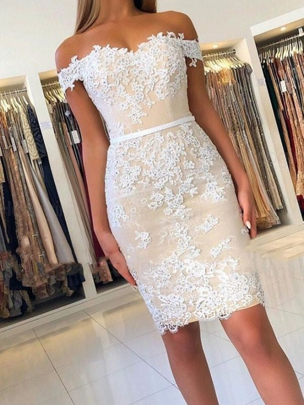 Sheath/Column Lace Off-the-Shoulder Sleeveless Applique Short/Mini Scarlett Homecoming Dresses