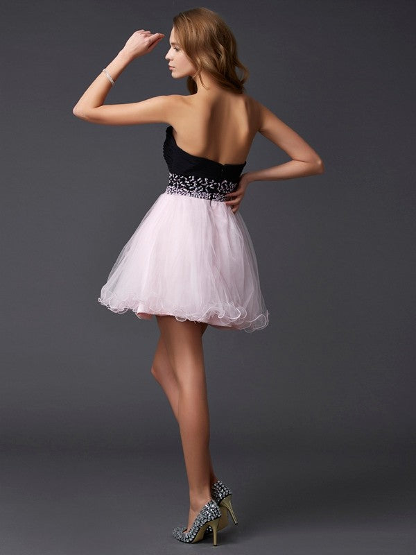 A-Line/Princess Beading Sweetheart Sleeveless Short Brielle Homecoming Dresses Elastic Woven Satin