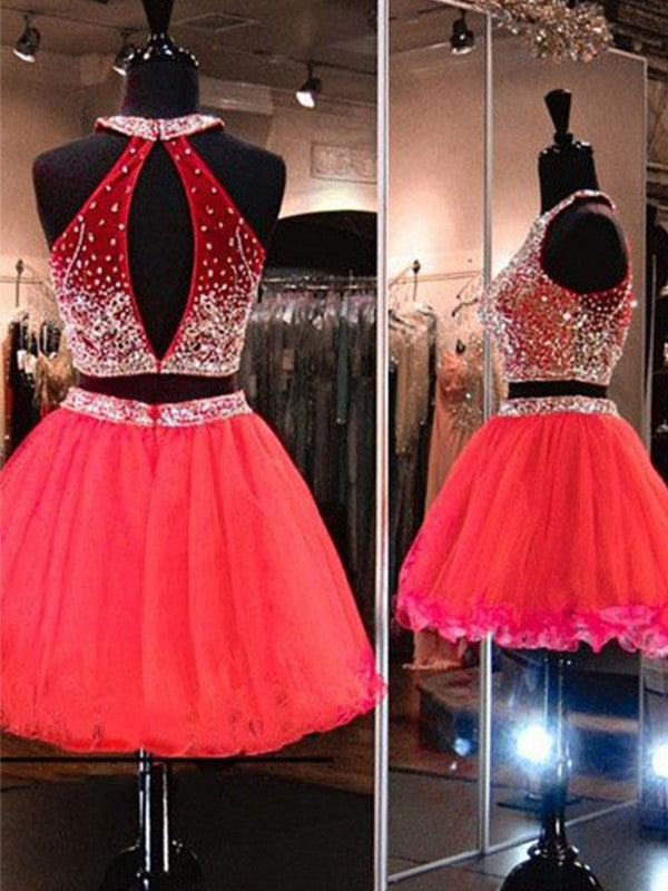 A-Line/Princess Sleeveless Halter Tulle Beading Short/Mini Homecoming Dresses Two Marely Piece Dresses
