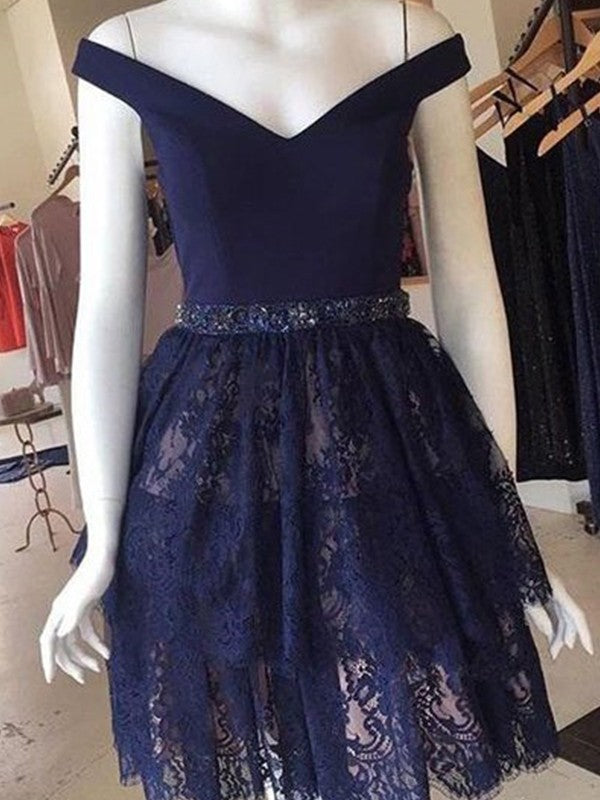 A-Line/Princess Sleeveless Satin Khloe Homecoming Dresses Lace Off-the-Shoulder Beading Short/Mini Dresses
